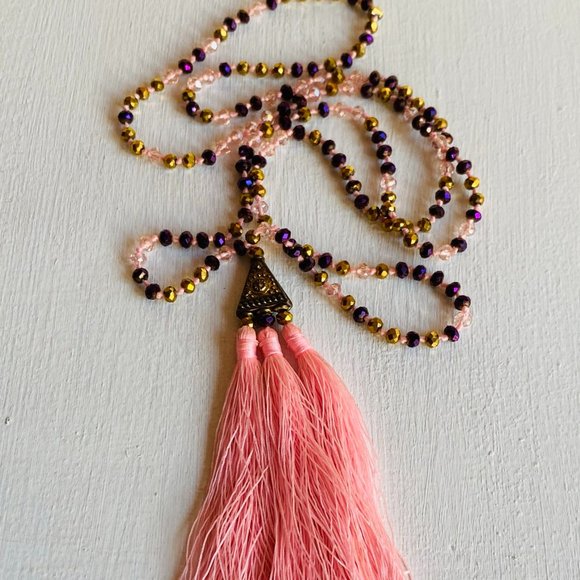 Boho Bali Pink Tassel Handmade Beaded Necklace - Picture 1 of 16